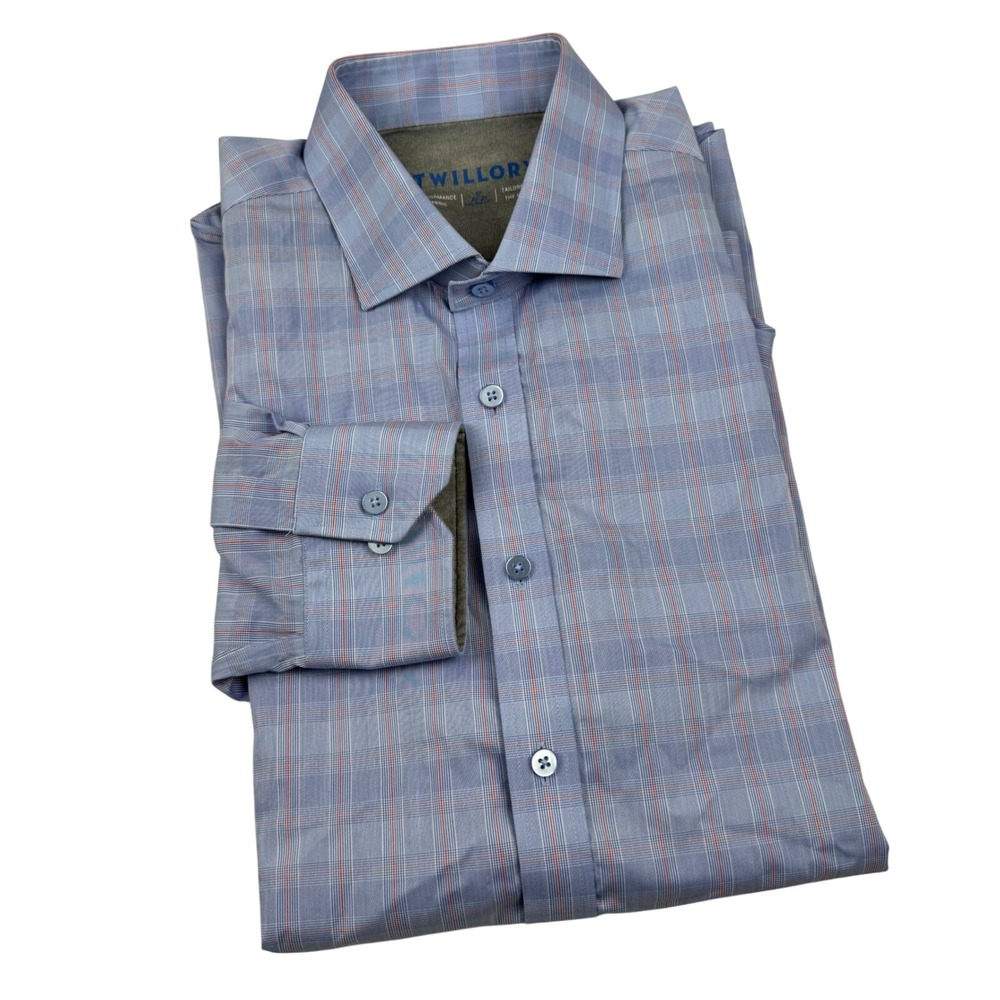 Twillory Performance Plaid Button Down Shirt Mens 17 32-33 Blue Tailored Fit